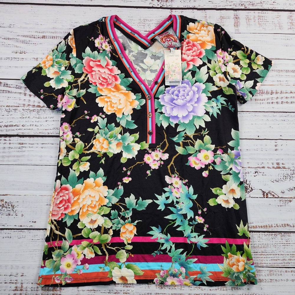 Johnny Was Janie Favorite Button Neck Tee Le Jardin Womens S Black Floral NWT